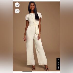 Lulu’s Let Me Entertain You Ivory Satin Wide Leg Jumpsuit in size Medium